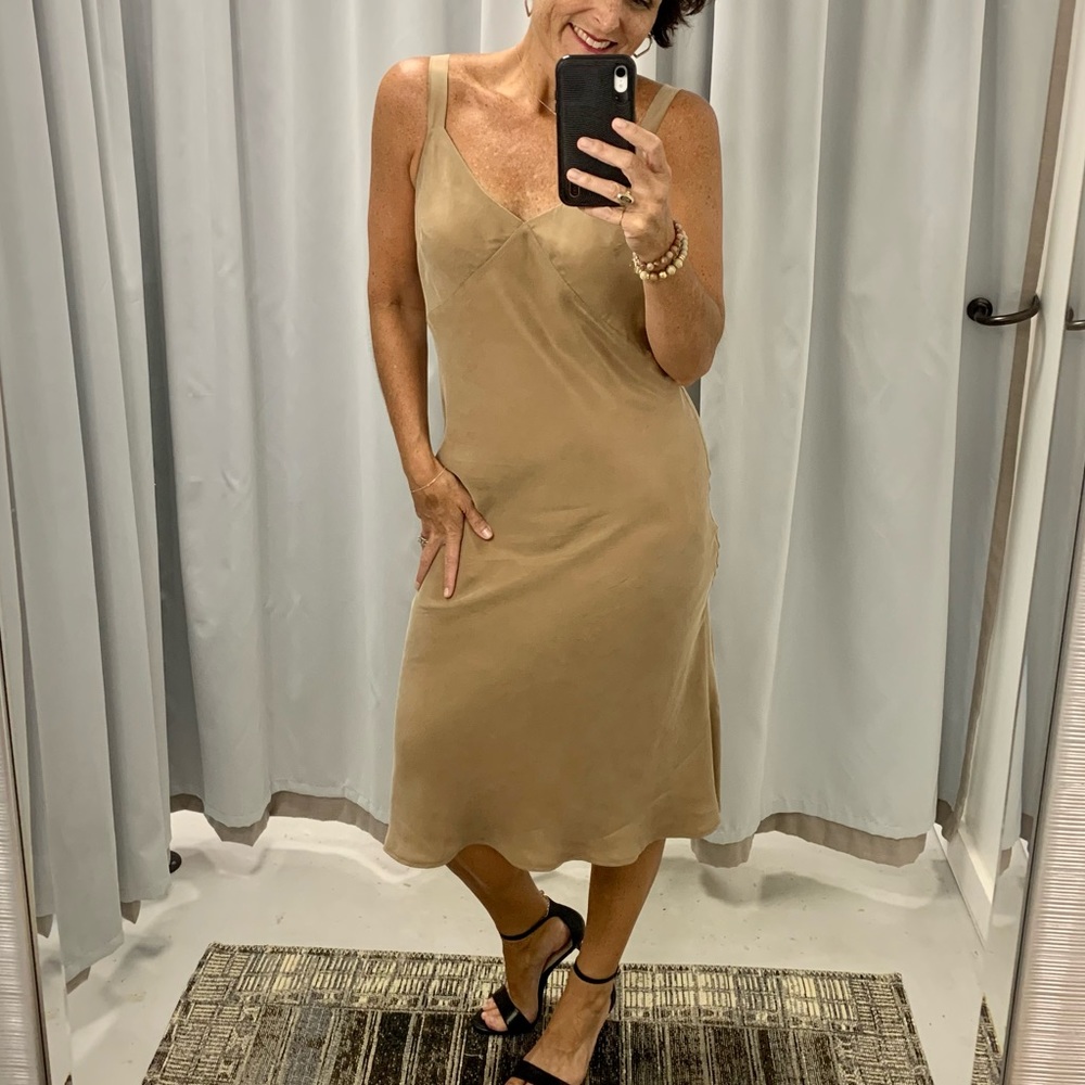 This silky smooth, coffee-colored slip dress is perfect for your closet!